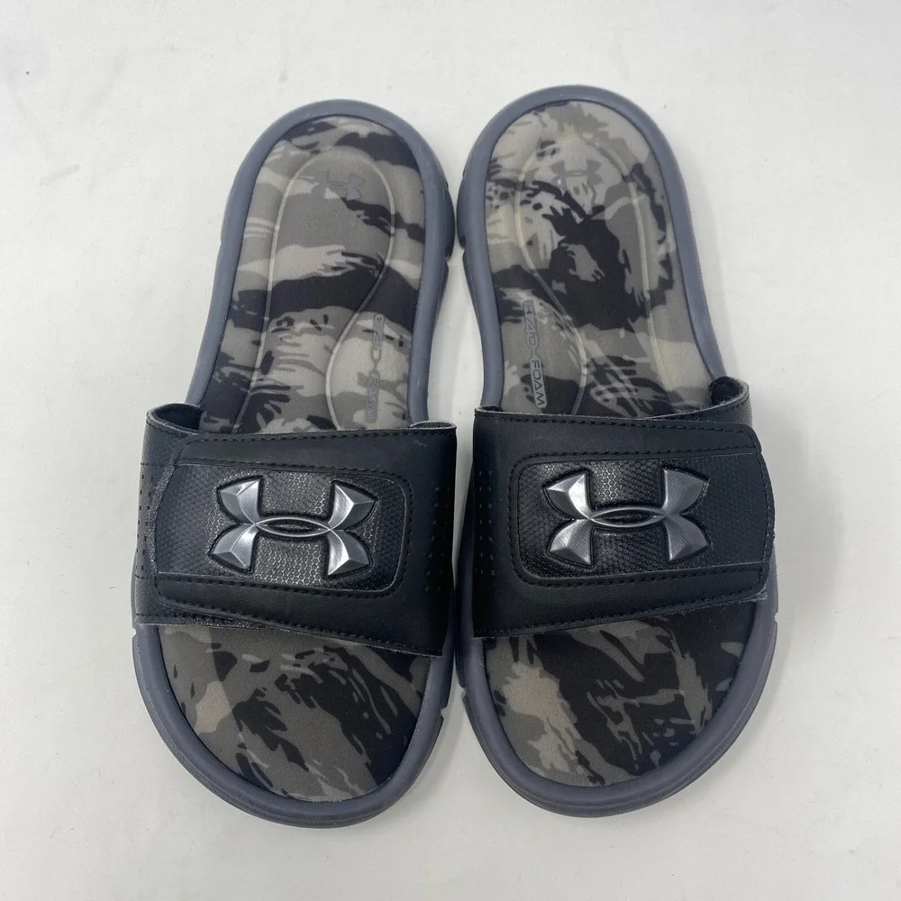 Under Armour Black & Gray‎ Camo Slides Youth Size 4Y Foam Flip Flops Sandals